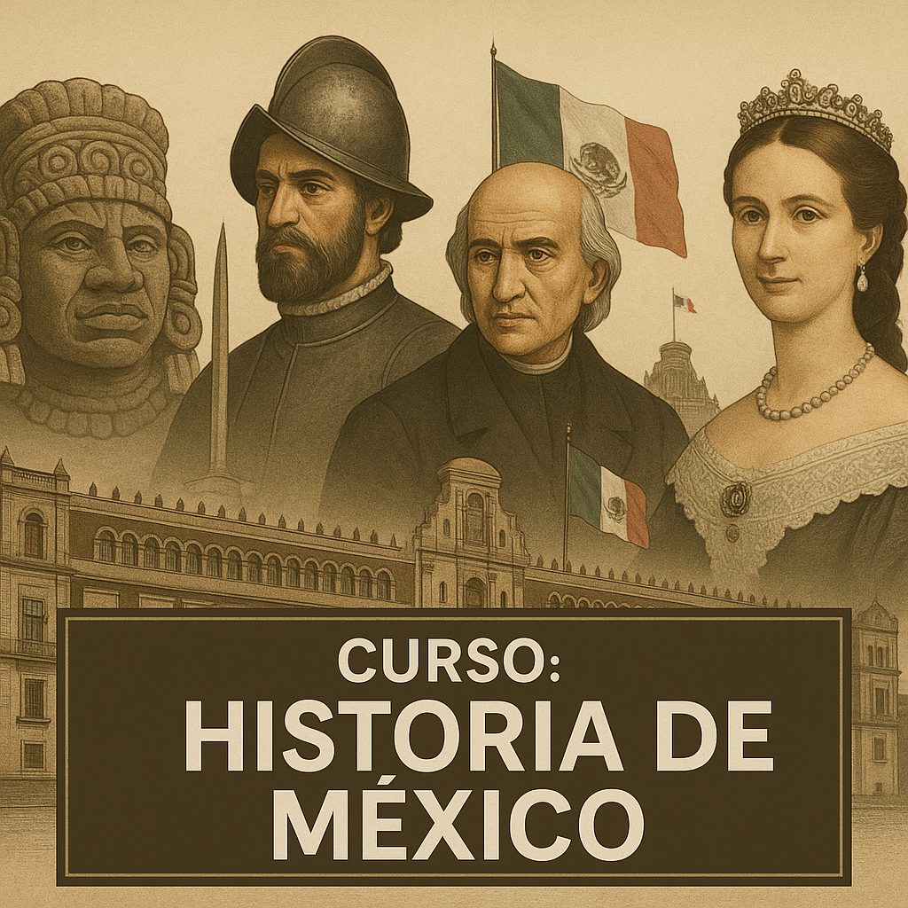 La imagen muestra a cuatro figuras históricas: una escultura azteca, un conquistador español con armadura, Miguel Hidalgo con vestimenta clerical y un papel en la mano, y Carlota de México con corona y vestido elegante. Al fondo se ve el Palacio Nacional y la bandera de México ondeando.

